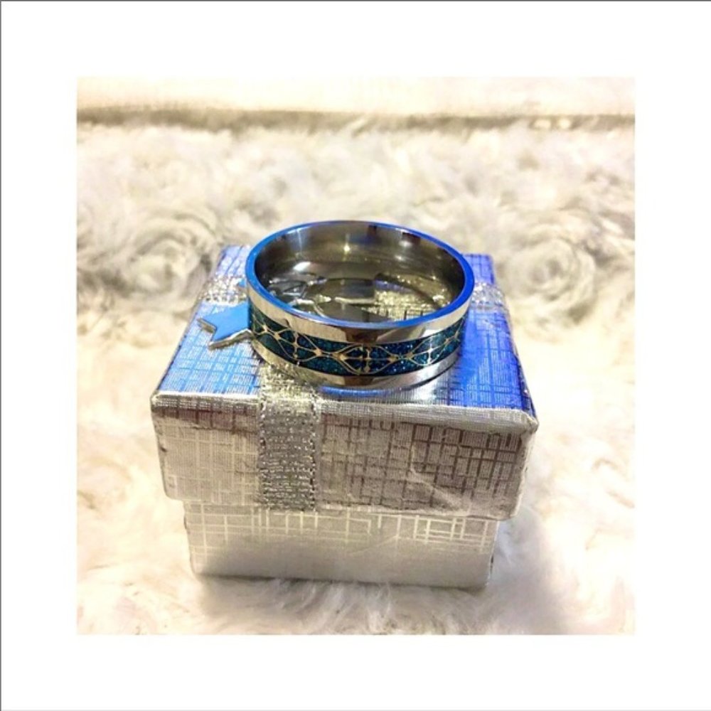 SOLD! Hieroglyphic Turquoise Stainless Band - Picture 2 of 5
